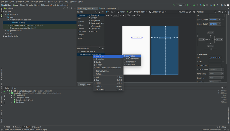 انتقال دادن محتوا به مرکز صفحه در اندروید استودیو